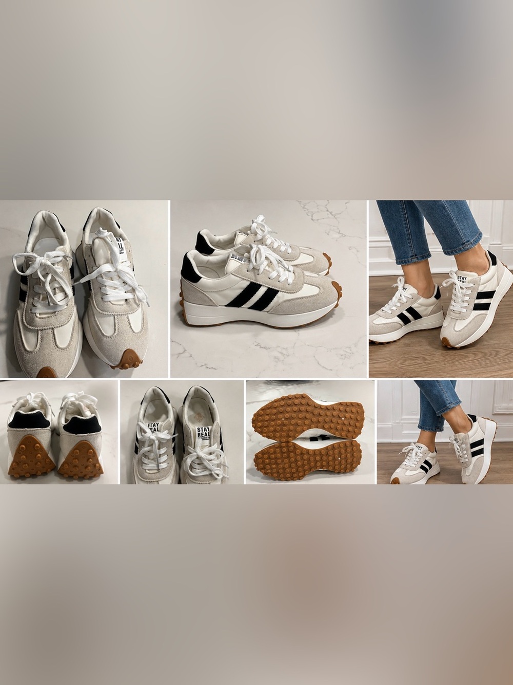Stay Real Women’s Retro Sneakers White Beige Black Gum Sole Size 8 – Brand New